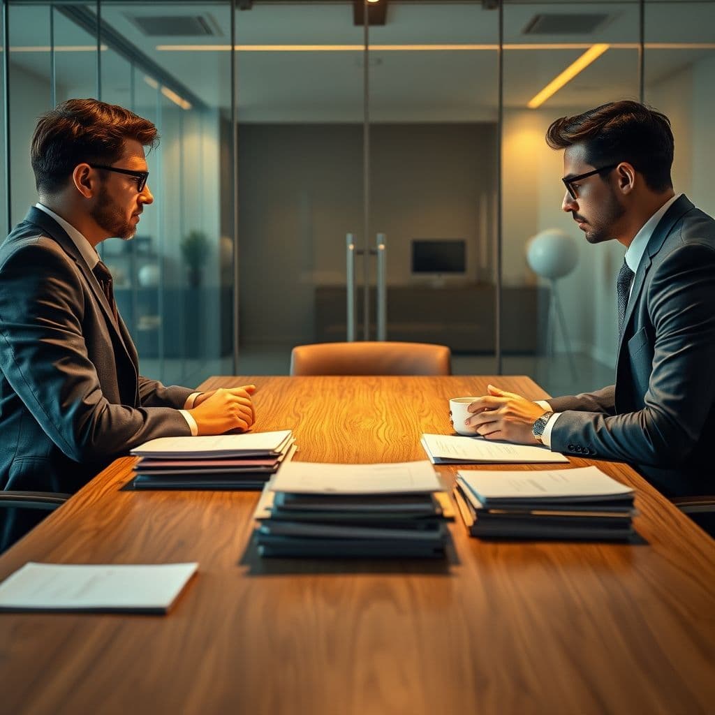 A professional negotiation scene with two parties discussing terms at a table.