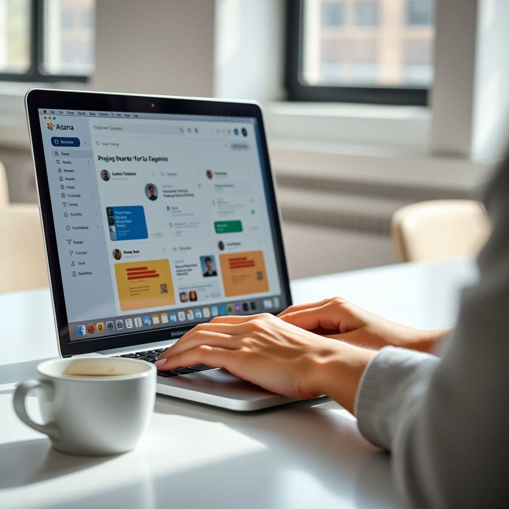An office manager using project management software on a laptop.