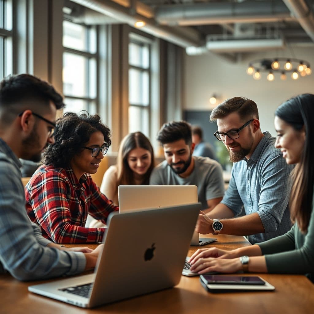 A team of developers collaborating on a project using version control.