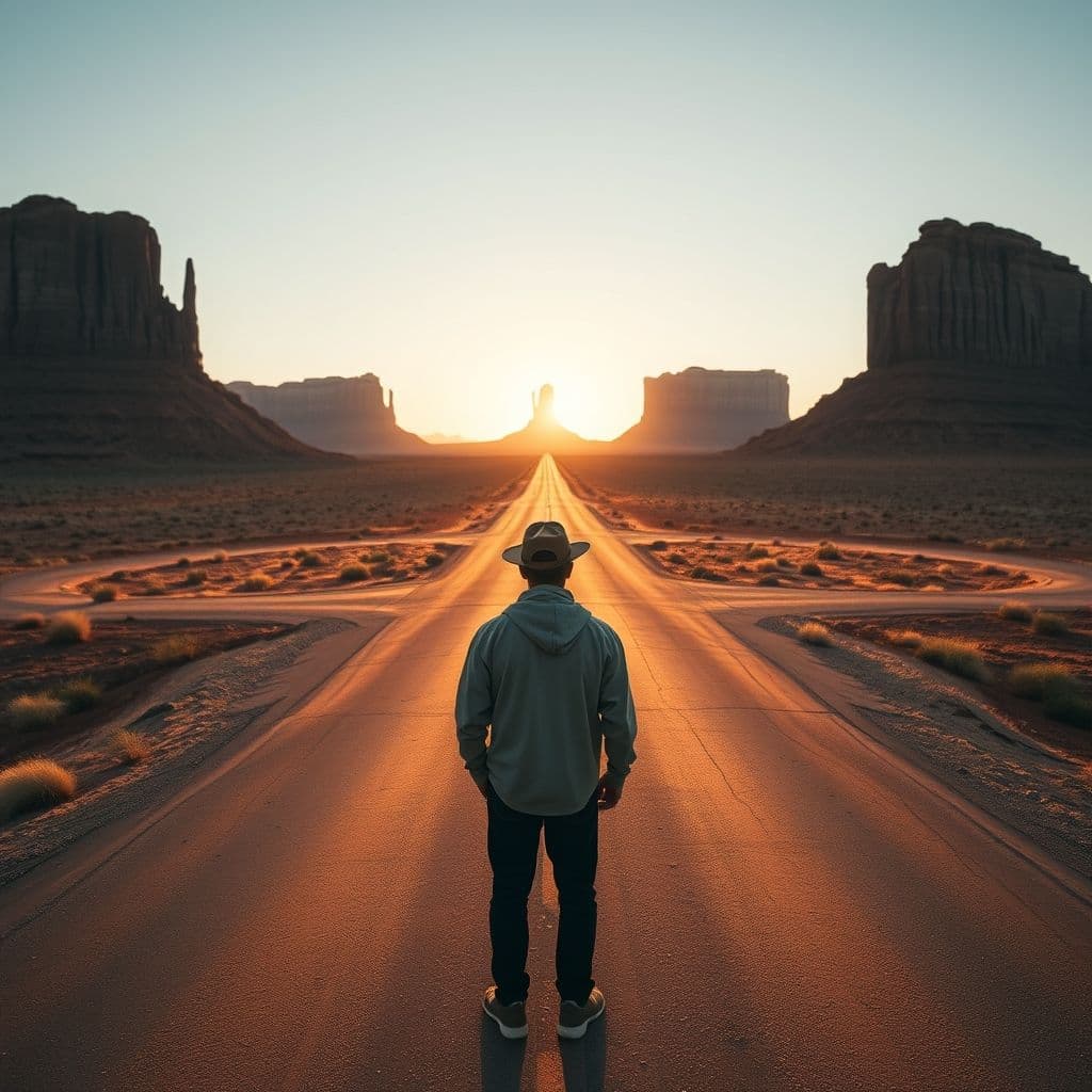 Person standing at crossroads contemplating different paths representing diverse perspectives