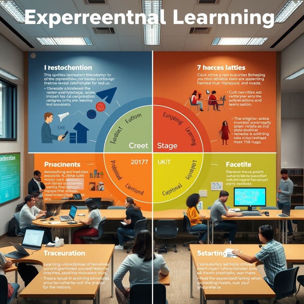 Illustration of the experiential learning cycle with four stages: experience, reflection, conceptualization, and experimentation.
