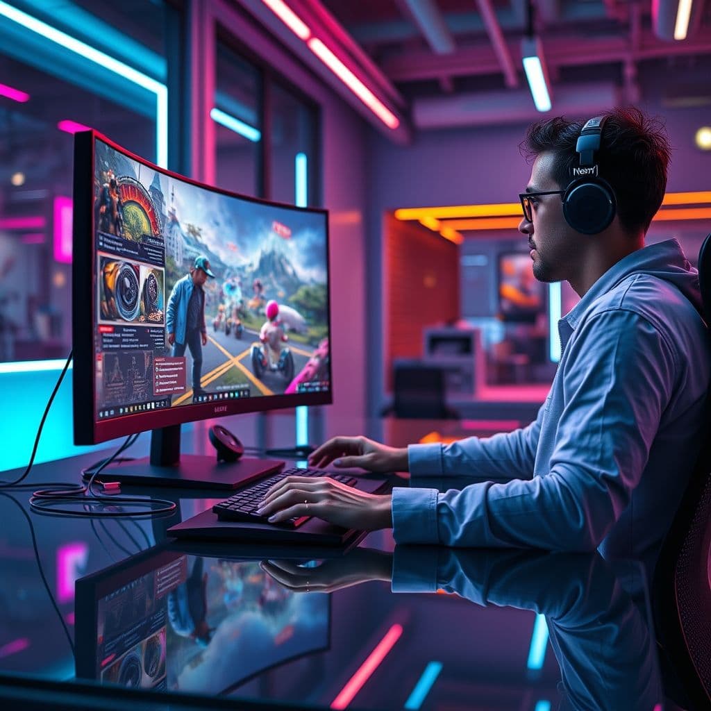 A vibrant scene of a game developer working on a 3D game in Unity Engine.