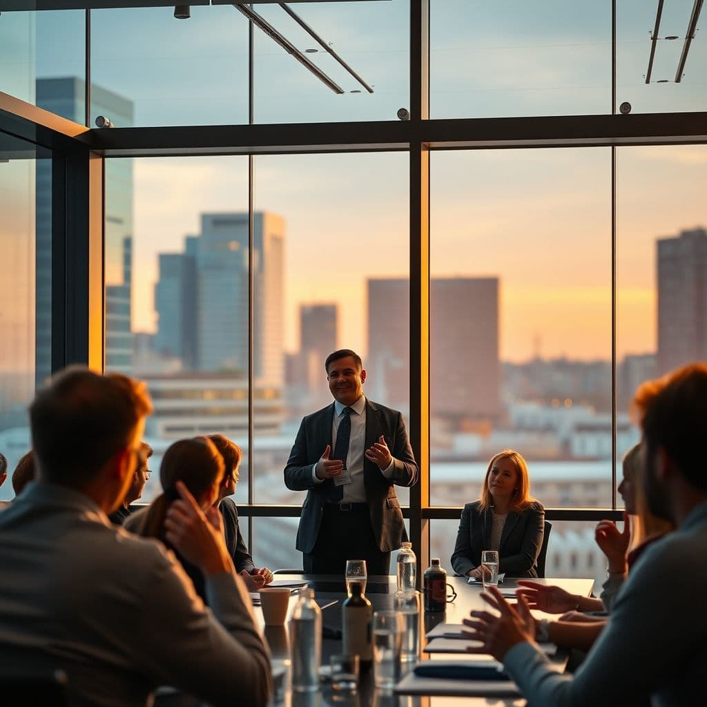 Professional presenting persuasive ideas to engaged audience in modern meeting room