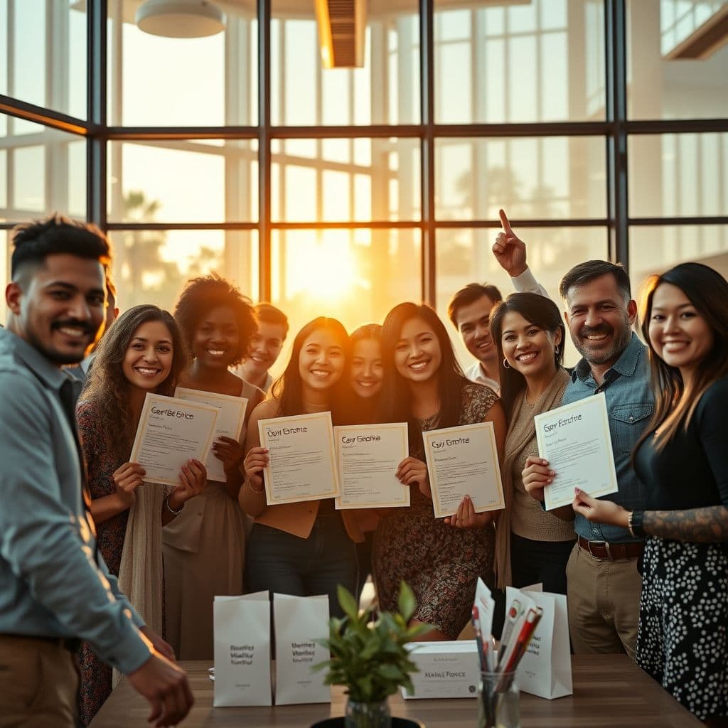 A diverse team celebrating success with a modern office backdrop, symbolizing effective Total Rewards.