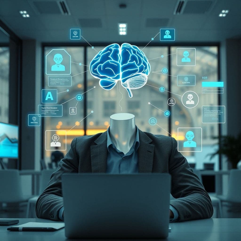 A futuristic workspace with a digital brain interface, AI tools, and organized notes floating around a focused individual.