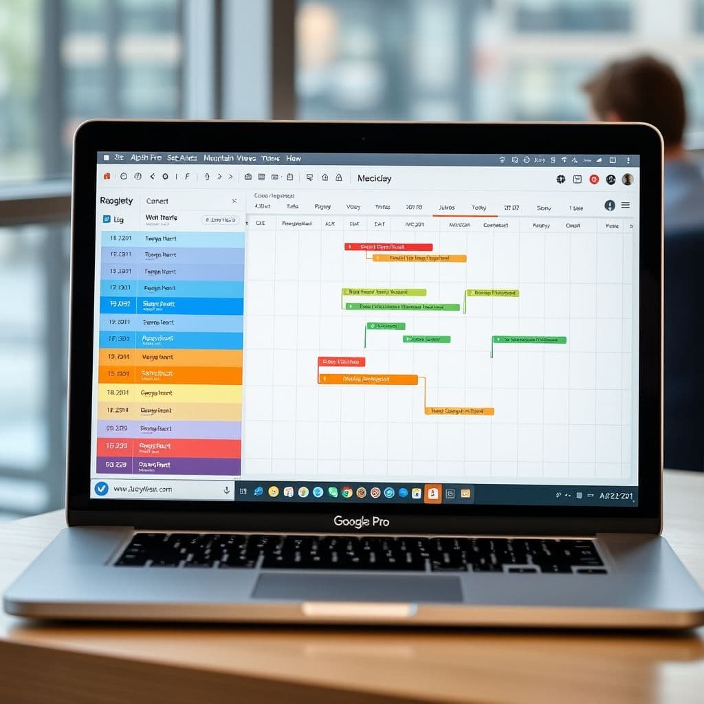 A detailed Gantt chart showing project tasks, timelines, and dependencies.