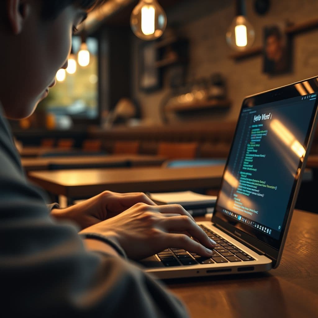A beginner programmer writing simple code on a laptop.