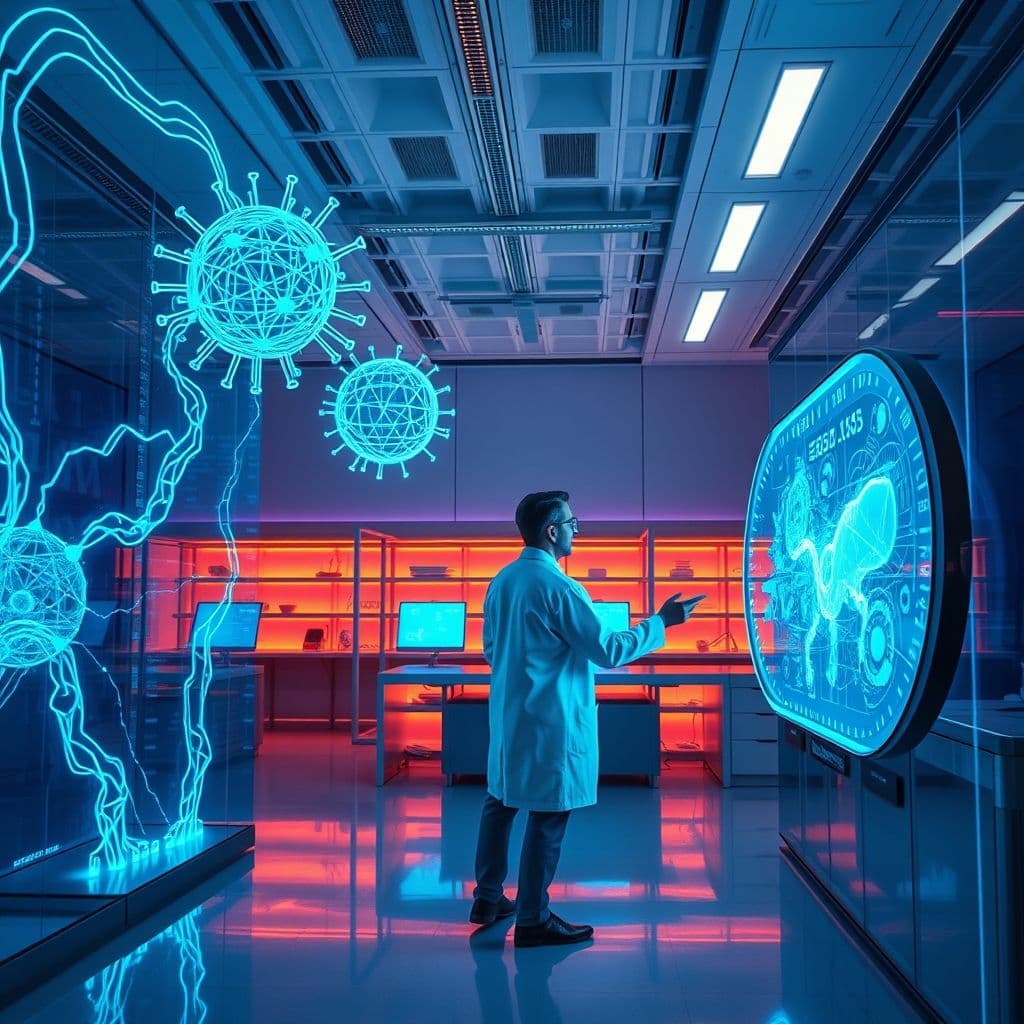 A futuristic illustration of data science and machine learning concepts with glowing nodes and connections.