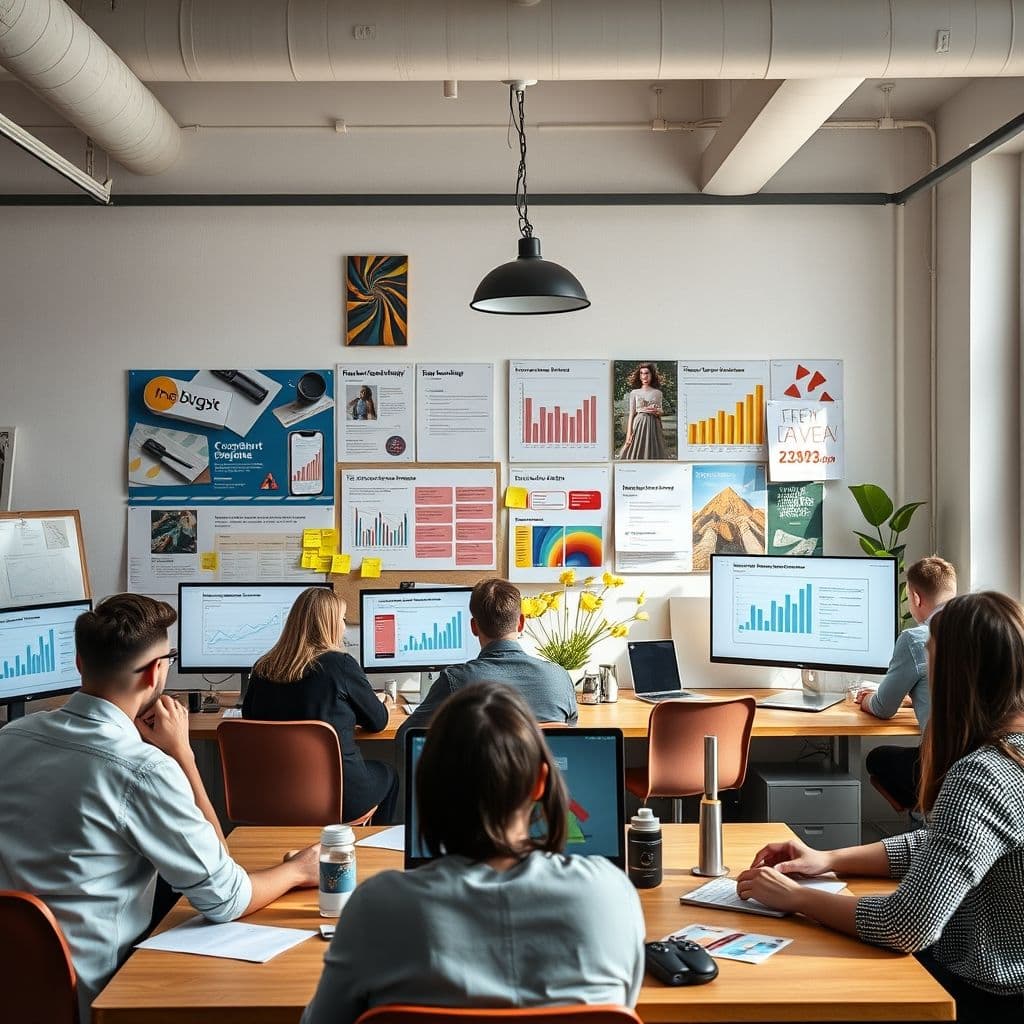 Marketing campaign development workspace with creative materials and performance metrics