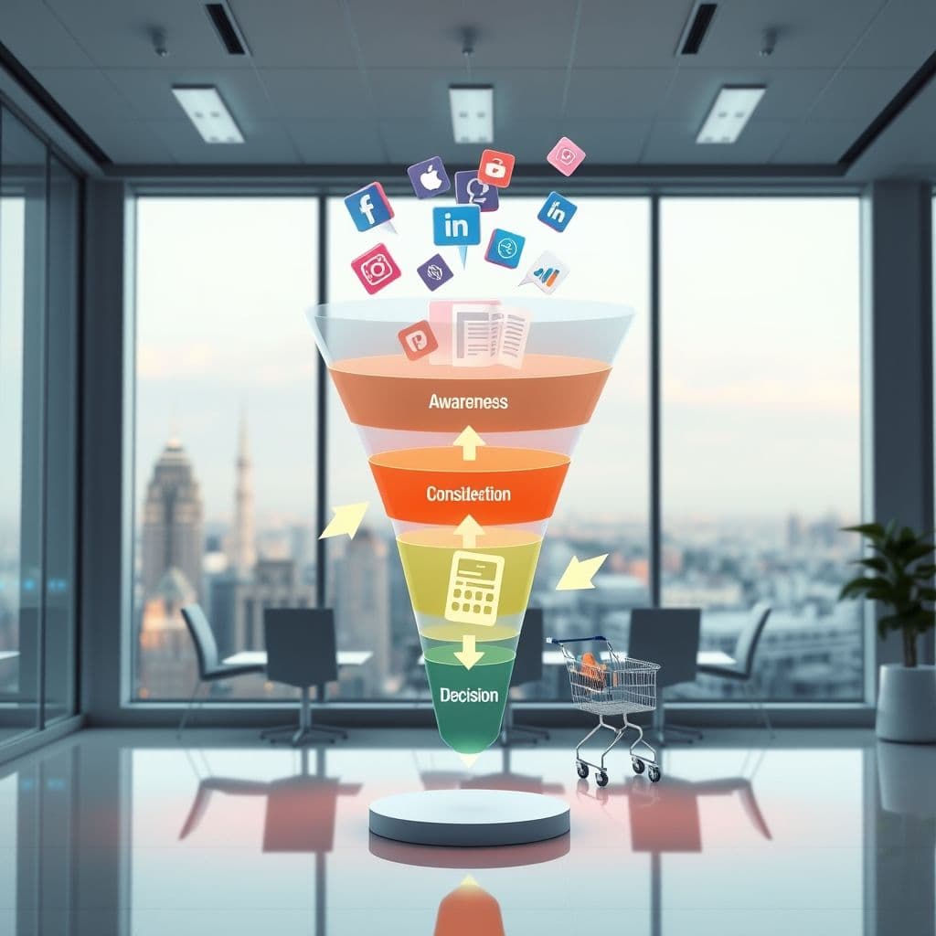Visual representation of demand generation funnel with awareness, consideration, and decision stages