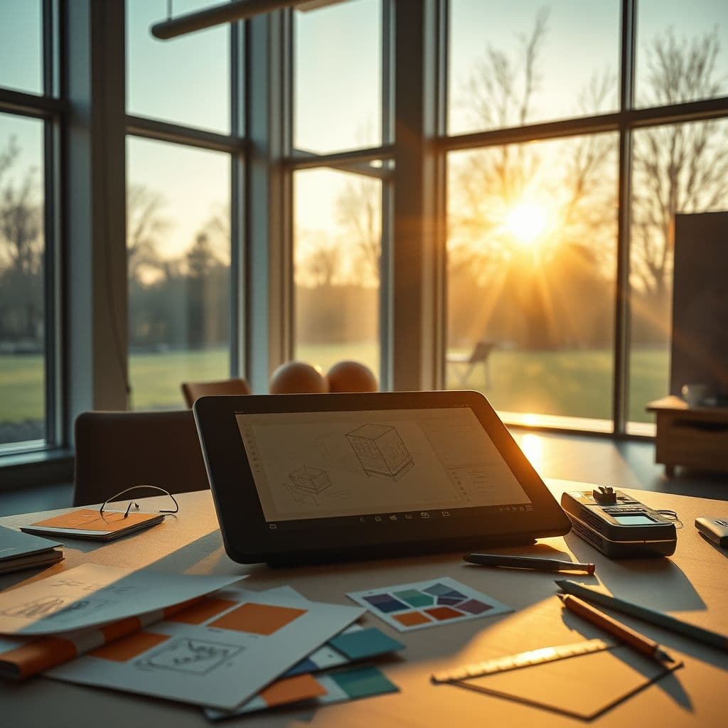 A vibrant workspace with a designer working on a digital tablet, surrounded by sketches and design tools.
