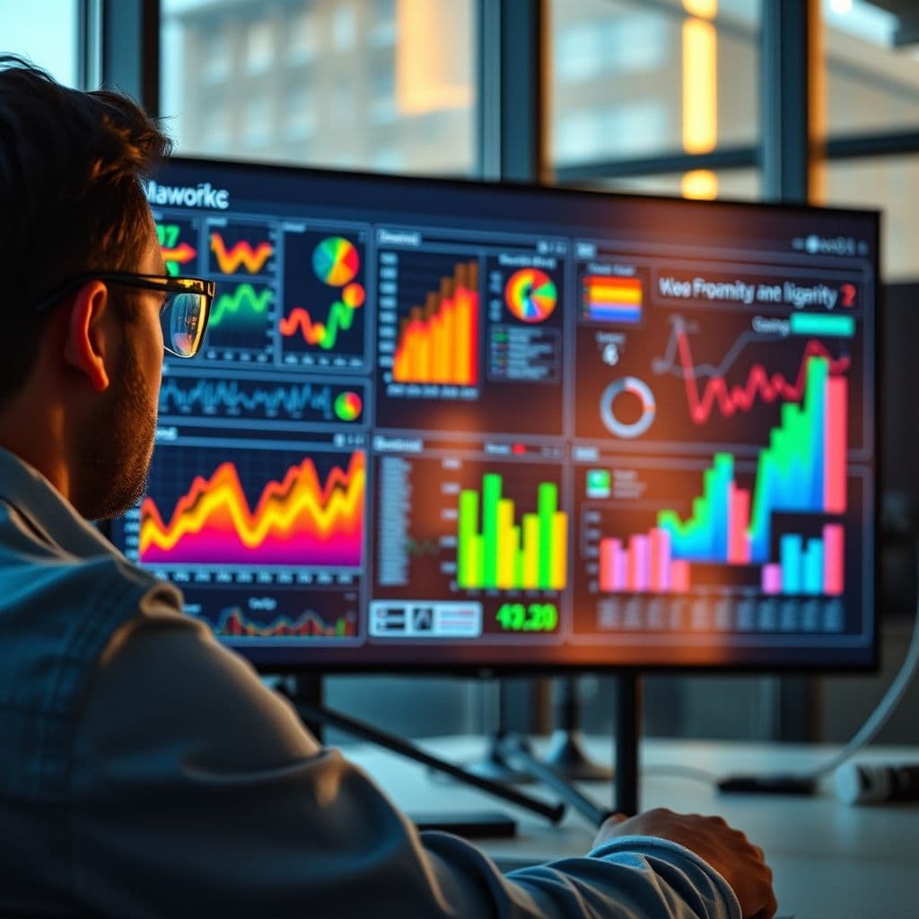 A professional Business Intelligence Analyst working on a dashboard with data visualizations.