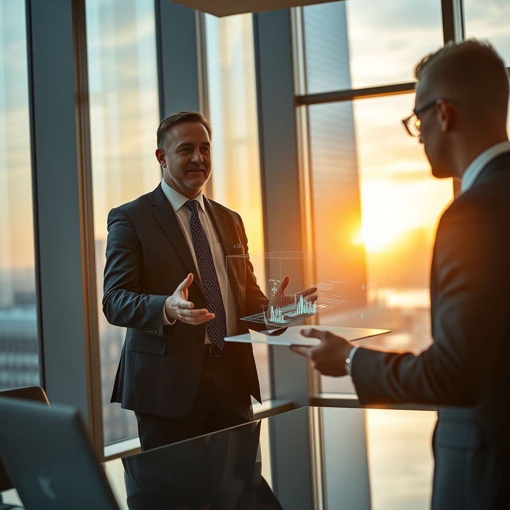 A confident sales professional engaging with a client in a modern office setting.