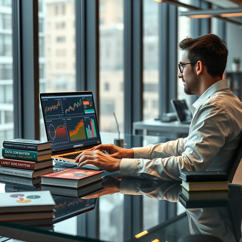 A data scientist analyzing statistical data on a computer screen.