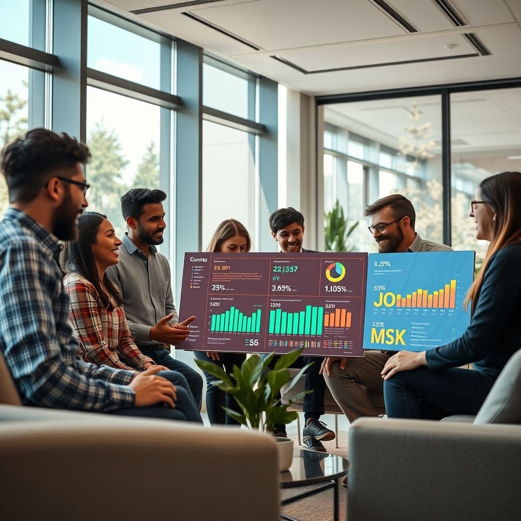 Team analyzing product performance metrics on digital dashboard