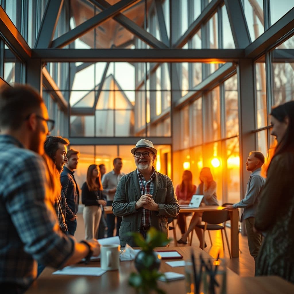 A Creative Director leading a team in a vibrant design studio.