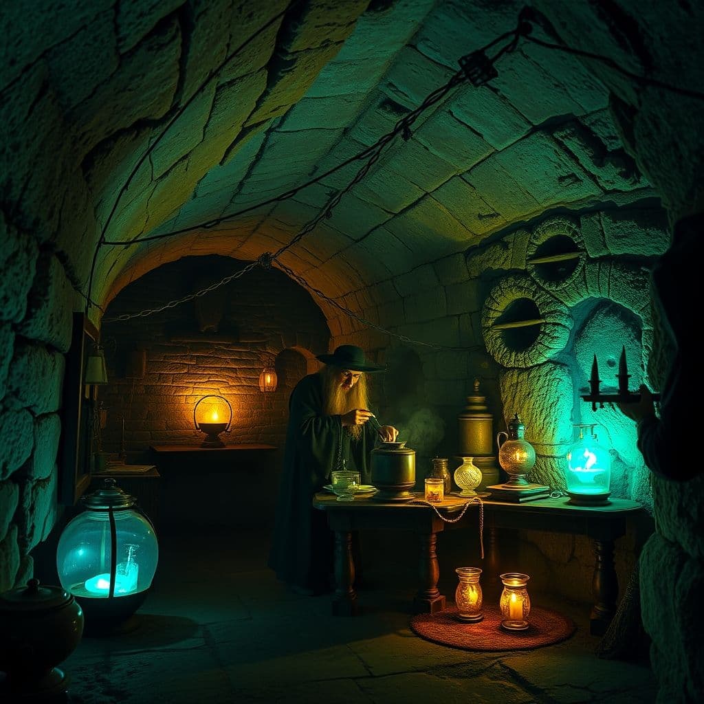 Wizard preparing magical battle gear and potions in underground lair