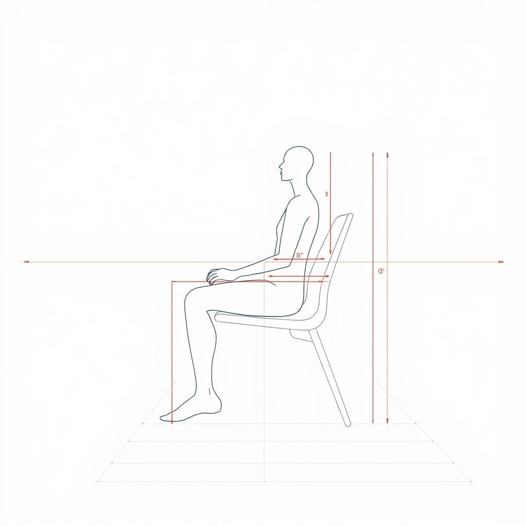 Detailed diagram showing chair ergonomics and human body measurements