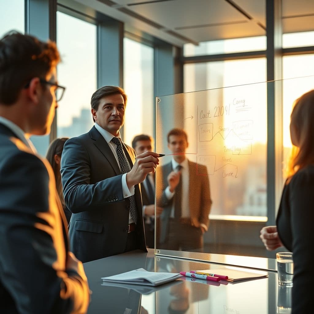 A professional analyzing a business strategy on a whiteboard.