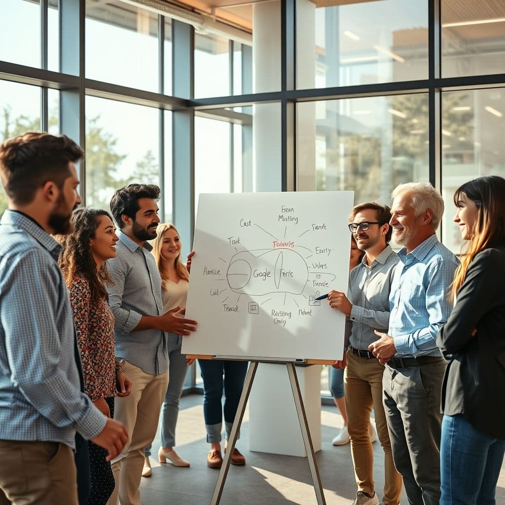 A team discussing ideas around a whiteboard.