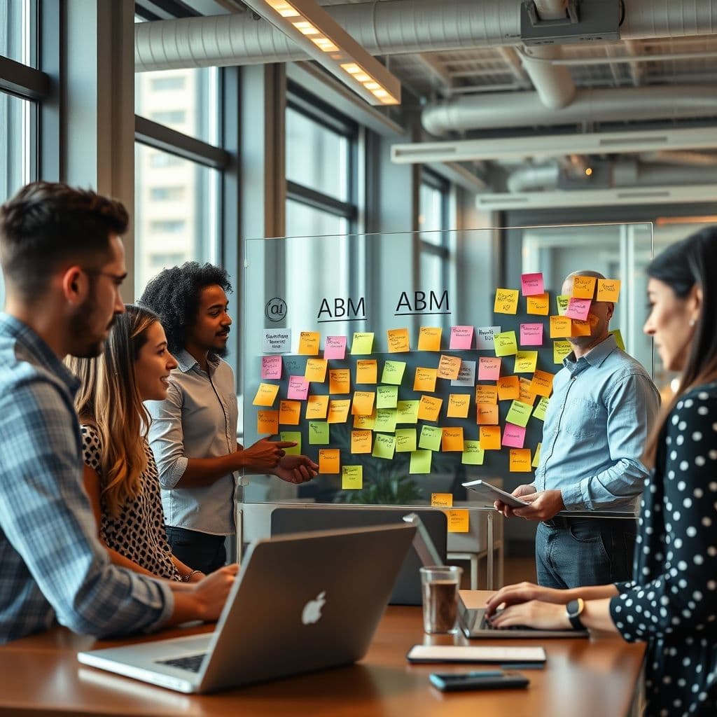 A team collaborating on an ABM strategy with a whiteboard and digital tools.