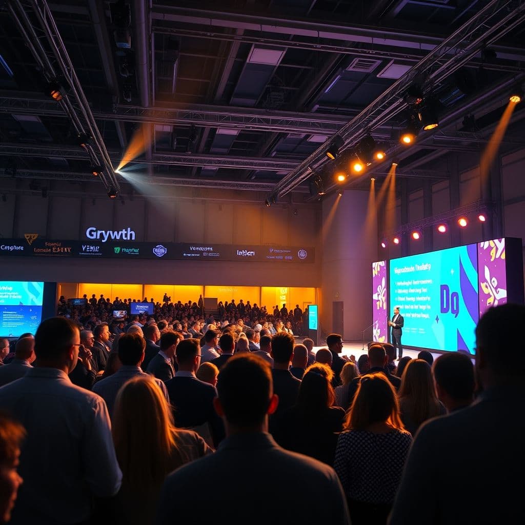 A dynamic scene of a successful growth marketing event with engaged attendees and vibrant branding.