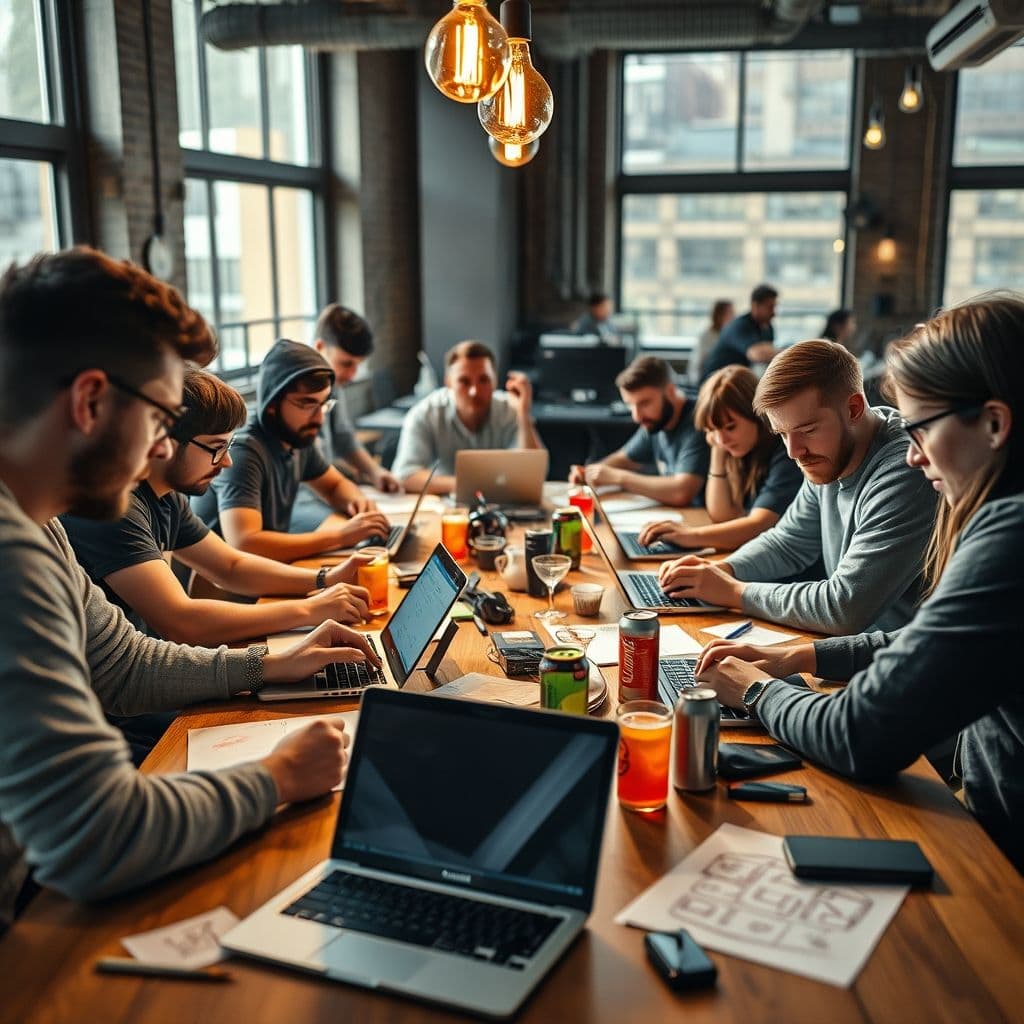 A team of developers collaborating during a game jam event.