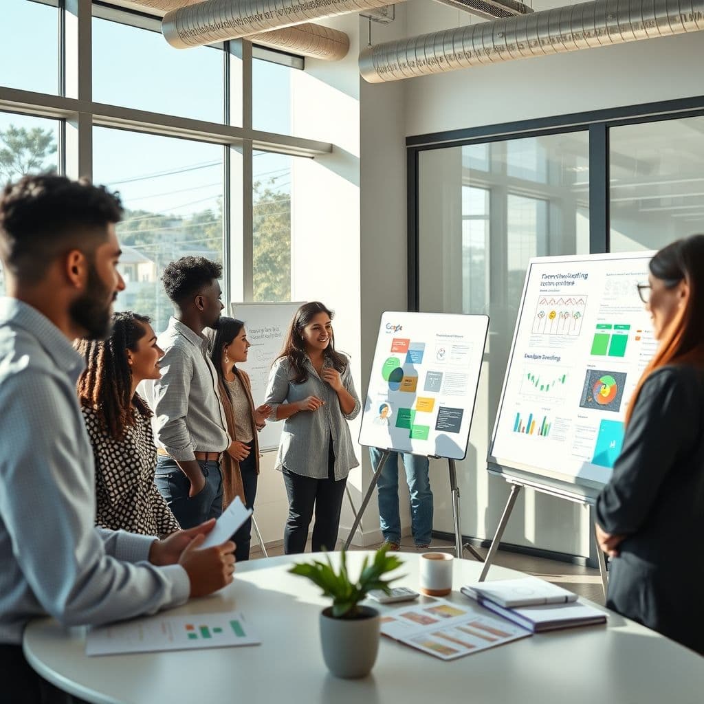 A team discussing change communications strategy in a modern office setting.