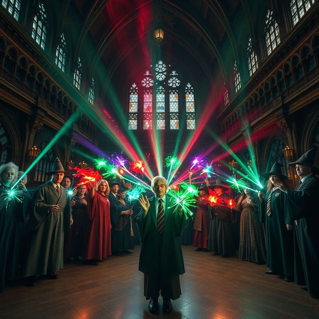 Group of diverse wizards in battle formation casting coordinated spells