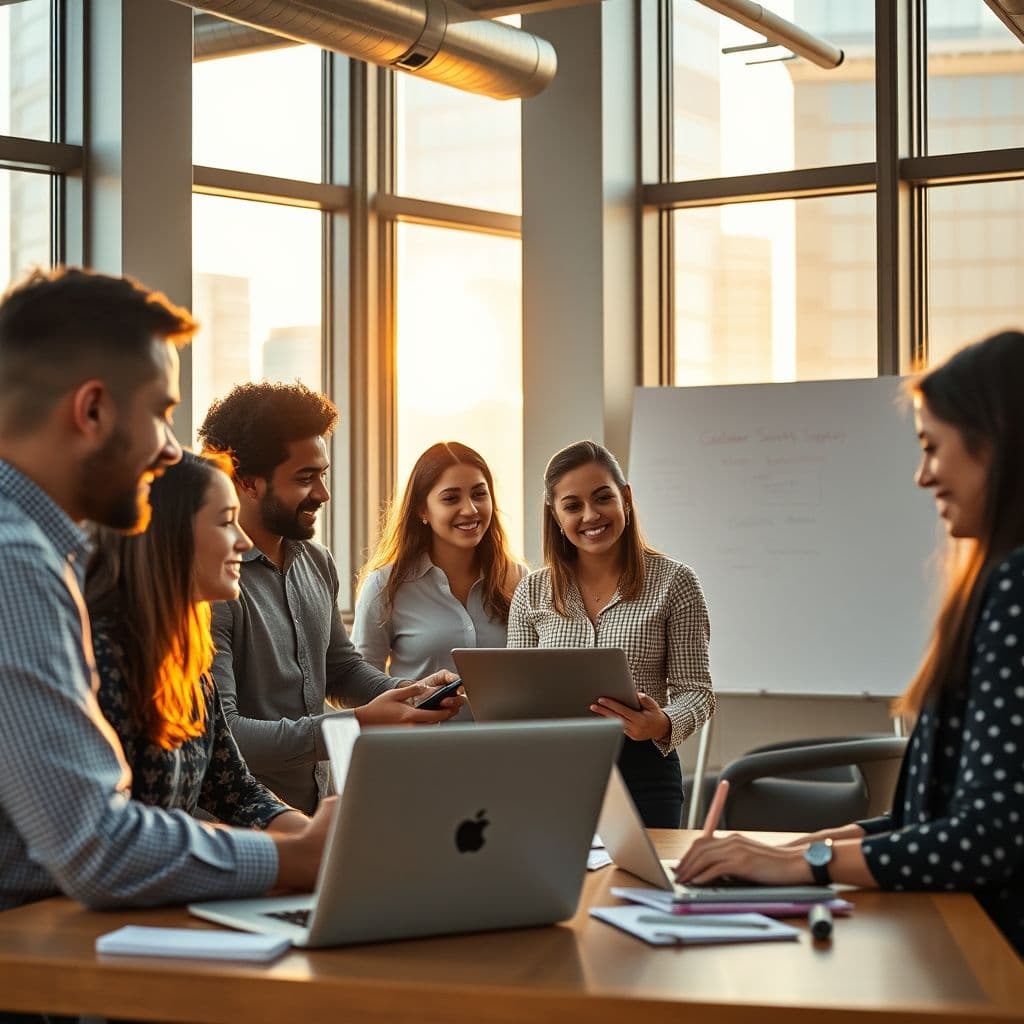 A diverse customer success team collaborating in a modern office.