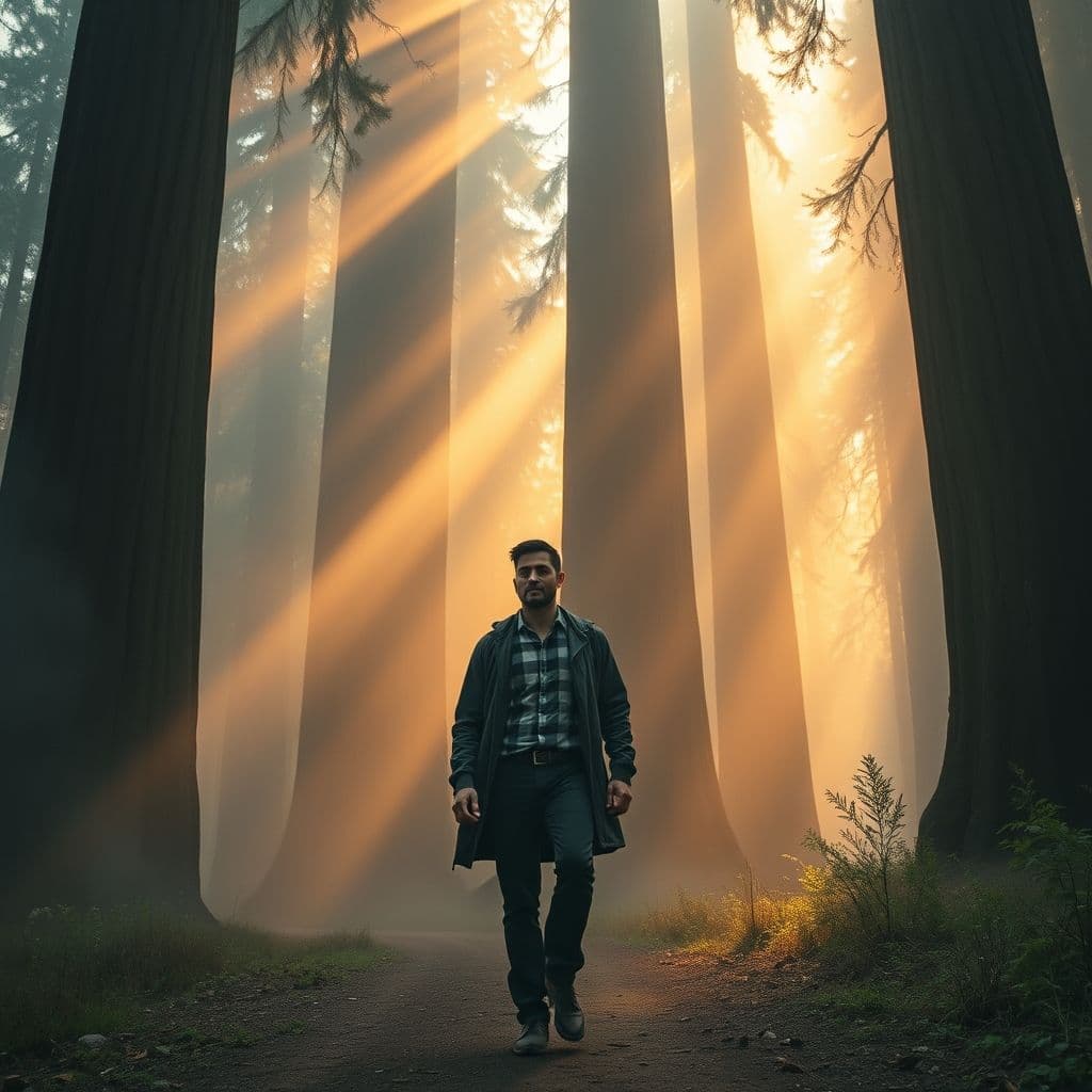 A leader confidently navigating a foggy path, symbolizing leadership in ambiguity.