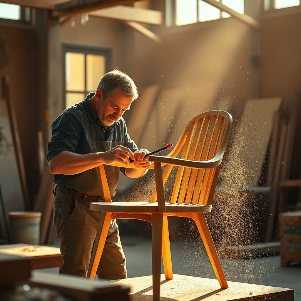 Professional woodworker crafting an elegant wooden chair in a well-lit workshop