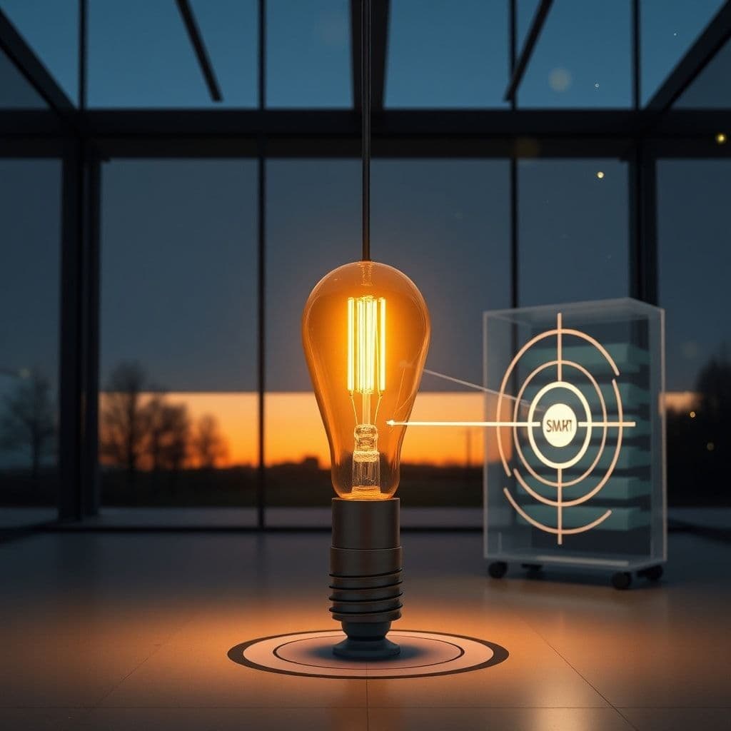 A visual metaphor showing a lightbulb (ideas) connected to a filing cabinet (Second Brain) which then connects to a target (SMART Goals).