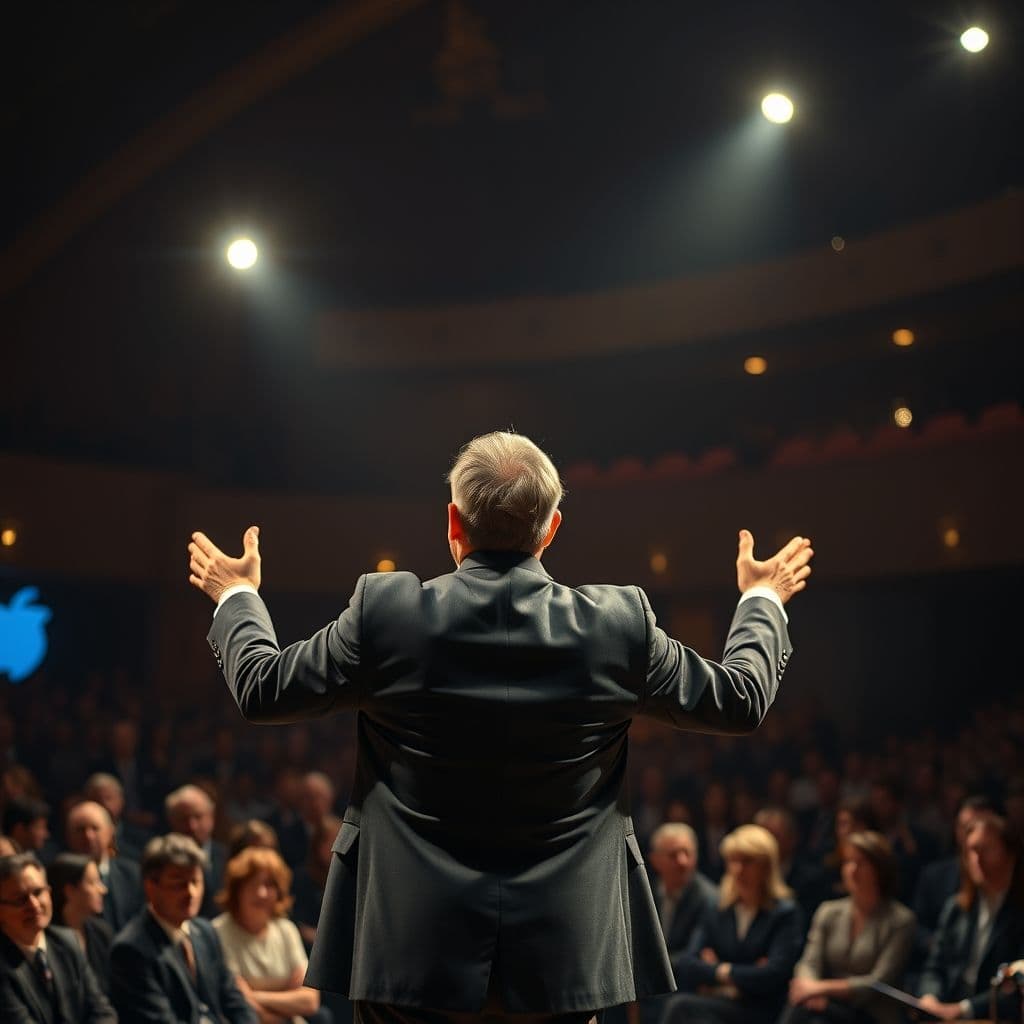 Confident speaker addressing an engaged audience from a podium with dramatic stage lighting