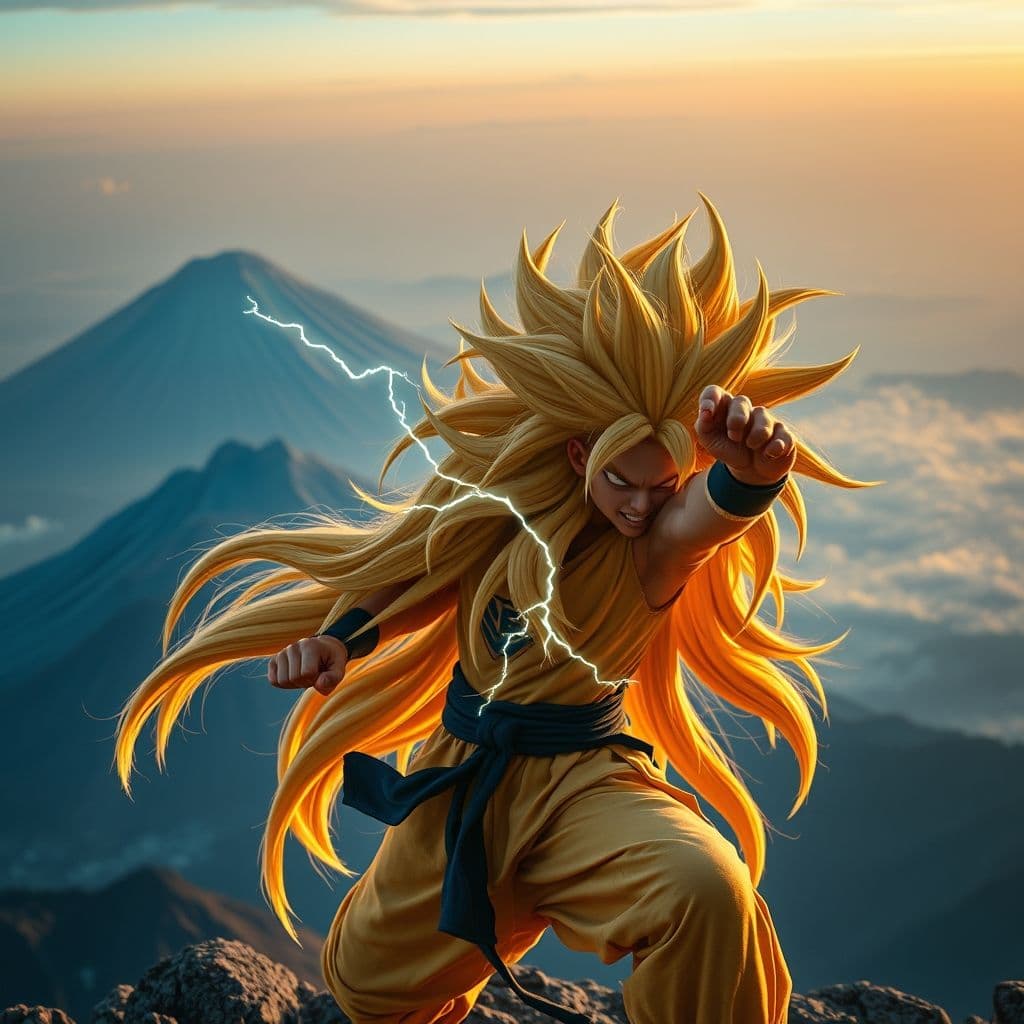 Epic Super Saiyan 3 warrior with flowing golden hair demonstrating ultimate power transformation