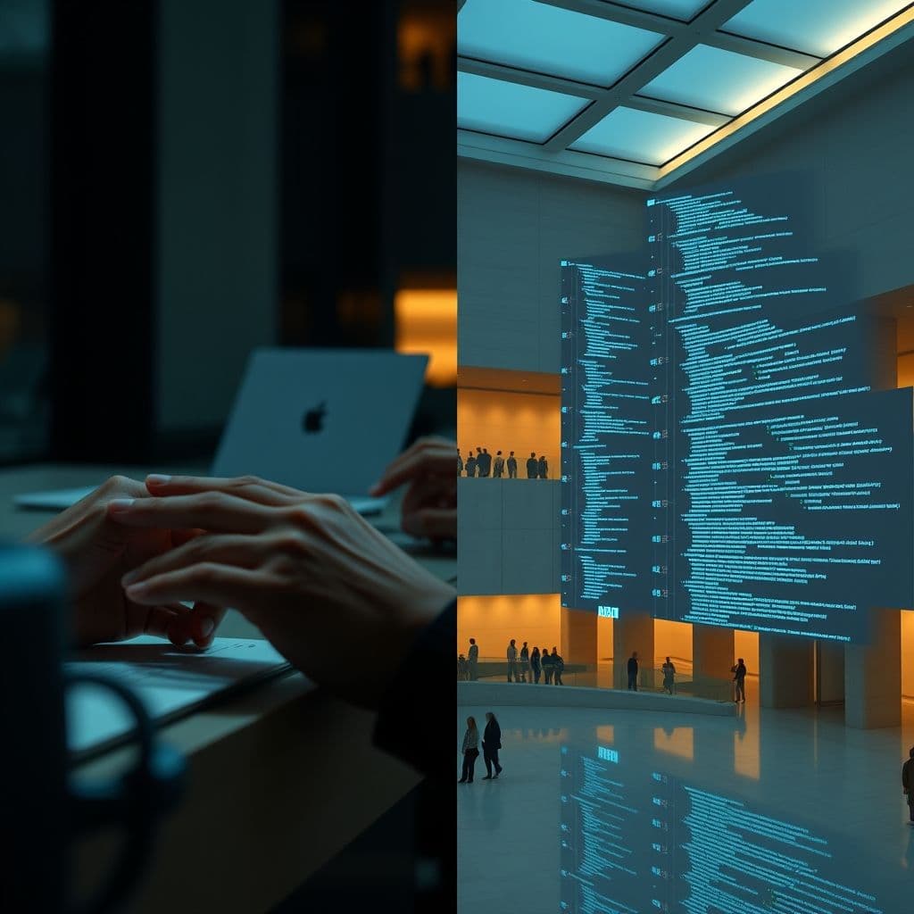 Split screen showing manual data entry versus automated seeding process with code and data flows