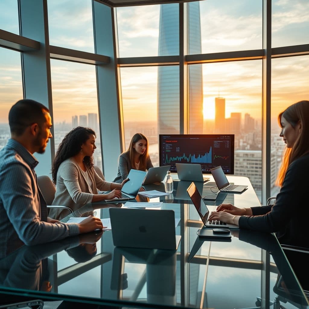 A professional team analyzing procurement documents in a modern office setting.