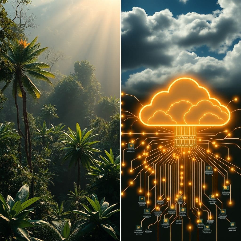 Comparison diagram showing natural ecosystem components alongside cloud ecosystem elements