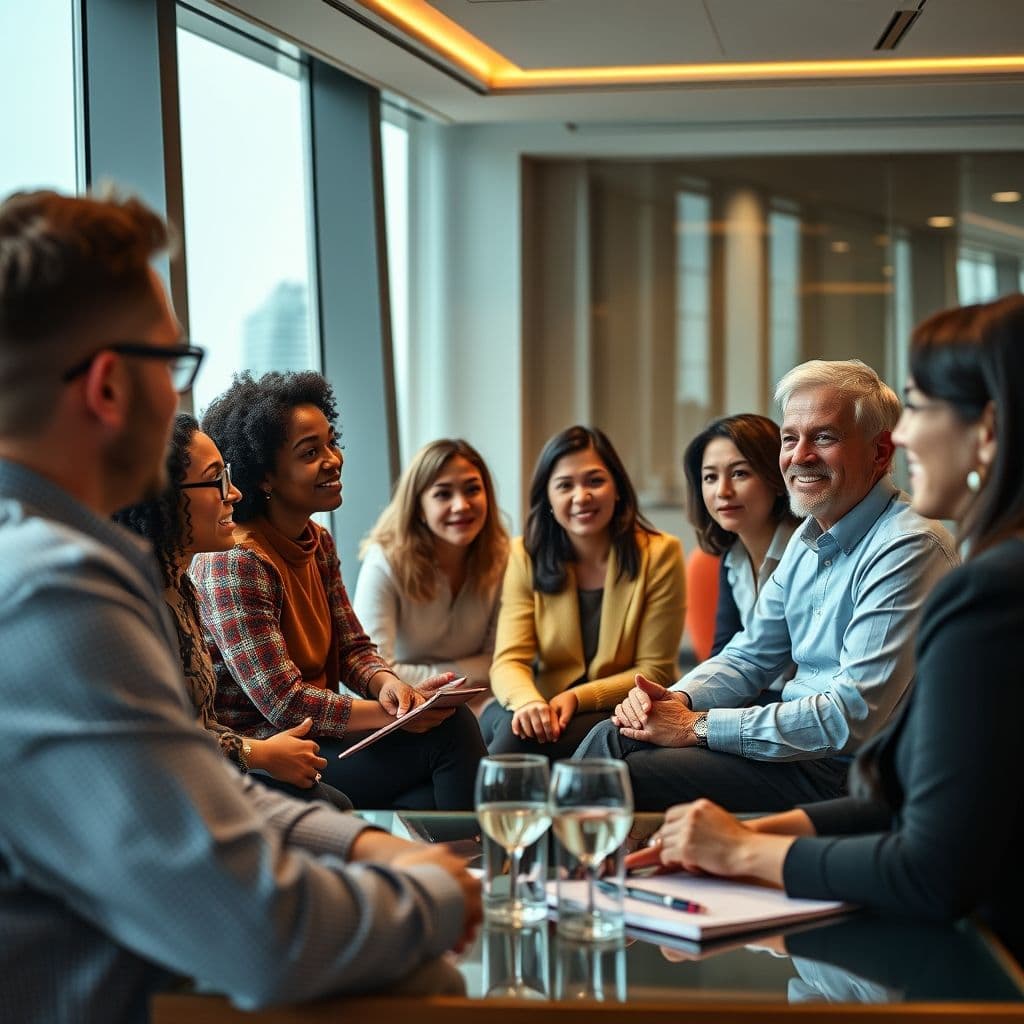 A diverse group of people engaged in effective communication, showcasing active listening and nonverbal cues.