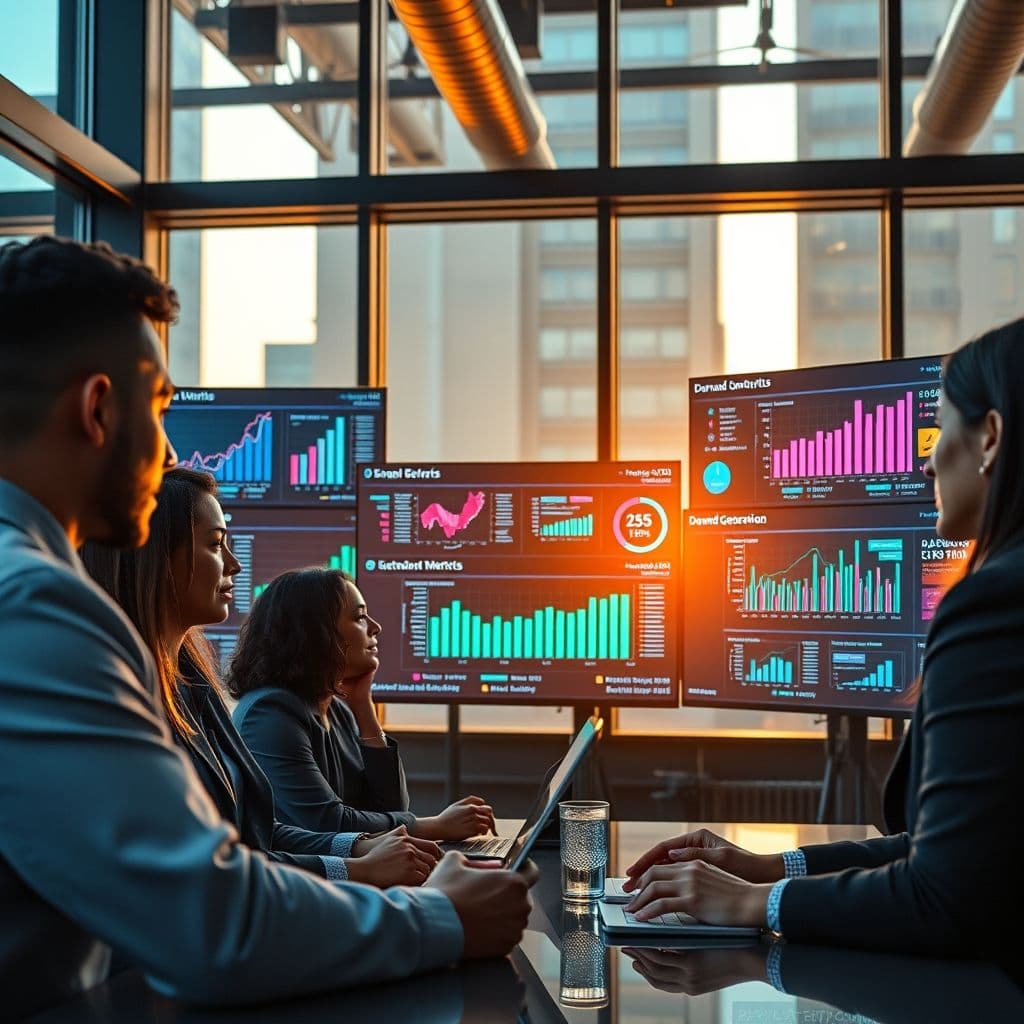 A modern marketing team analyzing demand generation data on digital screens